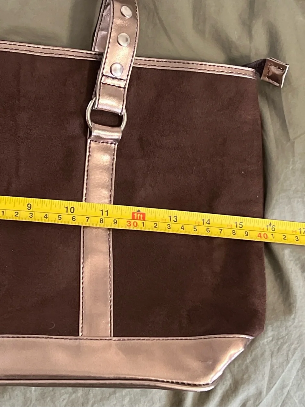 Metallic Rose Gold-Trim Brown Suede Tote Bag